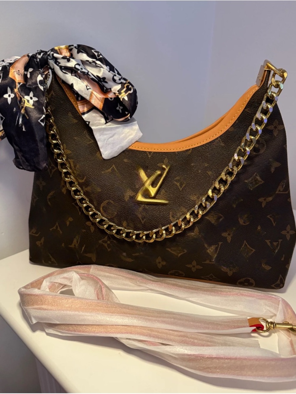 Brown Canvas Handbag with Gold Accent